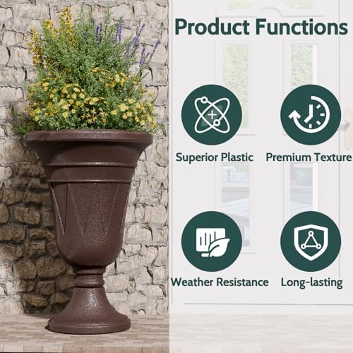 Tall Plastic Urn Planters and Pedestal - 24" Outdoor Planter Brown - Image 5