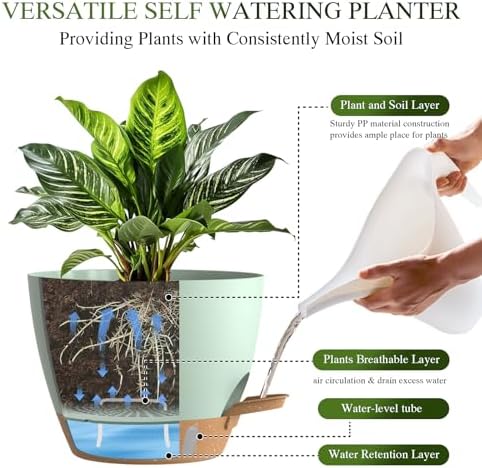 Self Watering Pots with Drainage Holes, 3 Pack 12/10/8 Inch Plant Pots with Water Level Indicator Deep Reservoir, Large Plastic Planter for Indoor Outdoor Plants - Green Brown - Image 3