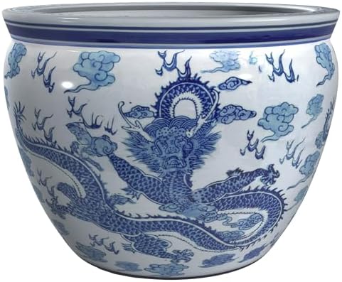 16" Dragon Blue & White Porcelain Fishbowl by RedLantern