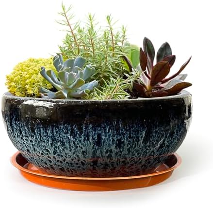 11 Inch Glazed Terracotta Plant Pot Round Ceramic Succulent Planter Pot with Drainage and Mesh Pad Cactus Clay Bonsai Pot (Blue) by SUMMERIMPRESSIONS