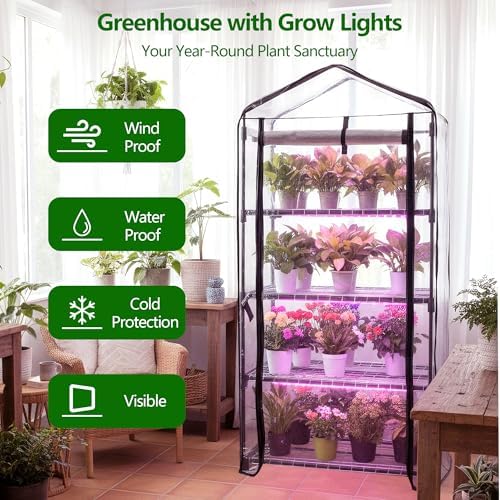 Indoor Greenhouse with Grow Lights, 4-Tier Mini Greenhouse w/Multiple Modes Plant Lights & Waterproof Base Mat & Zippered Door, Walk-in Green House for Growing Plants, Seed Starting, Seed Tray - Image 2