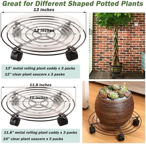 8 Packs Large Metal Plant Caddy with Wheels 13" and 11.8" Heavy-Duty Wrought Iron Rolling Plant Stands with Casters Plant Dolly Plant Roller Base Indoor and Outdoor Plant Pot Movers Planter Rollers - Image 3