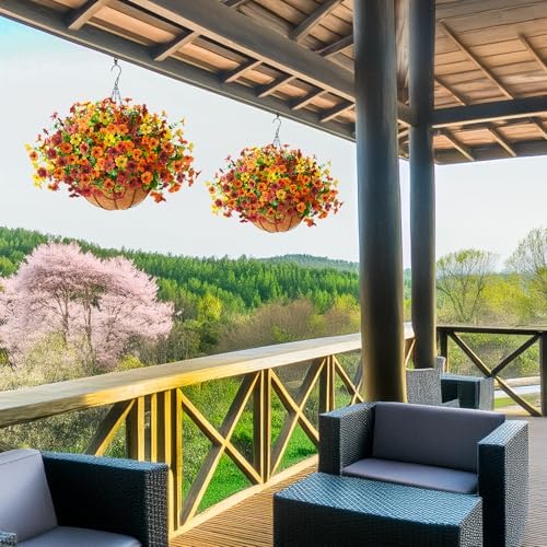 Artificial Fall Hanging Flowers Basket, UV Resistant Mums for Outdoors - Image 6