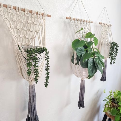 Set of 3 Ombre Dyed Macrame Wall Hanging plant stand Macrame plant hanger indoor and outdoor plant hanger Plant shelf indoor vertical garden planter plant shelf indoor Boho Decor (Ombre Gray) - Image 6