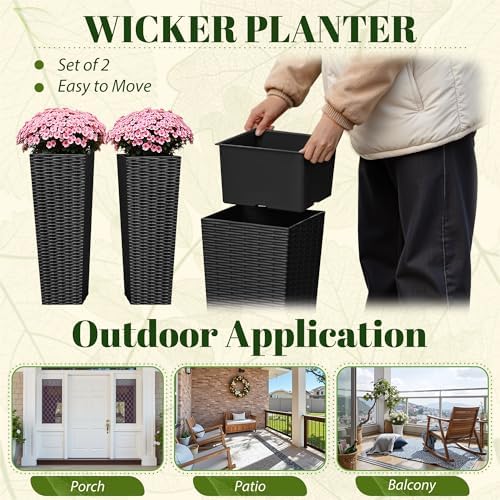 JUMMICO 23.5" Front Porch Resin Rattan Tall Planters 2 Pack, Inner Tray - Image 4