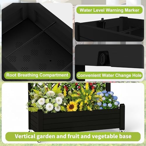 PatioZen Raised Garden Bed with Trellis, 21 Gallon Self Watering Planter Box with Lockable Wheels & Drainage Holes for Climbing Plants Vegetables Flowers, Anti-Rust Resin for Backyard Patio (Black) - Image 5