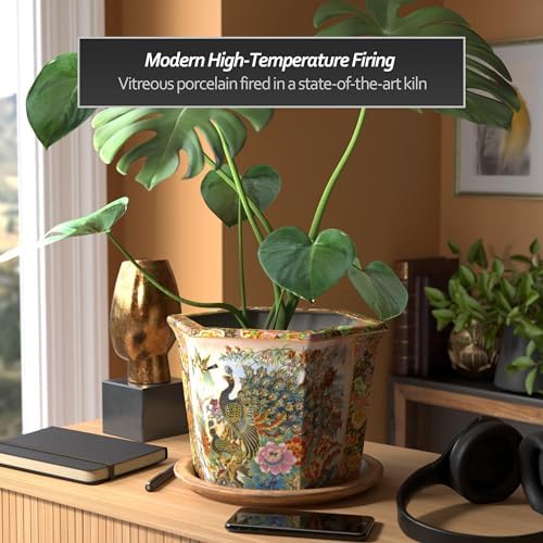 Red Lantern 10" Porcelain Flower Pot, Satsuma Ladies & Peacock - Image 3