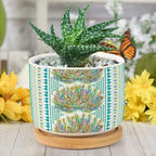 Chinoiserie French Cairo Planters Ceramic Green and Blue Peacock Feathers Round Flower Pots with Drainage Holes and Bamboo Tray Pot for Succulents Cactus Garden Windowsill - Image 6