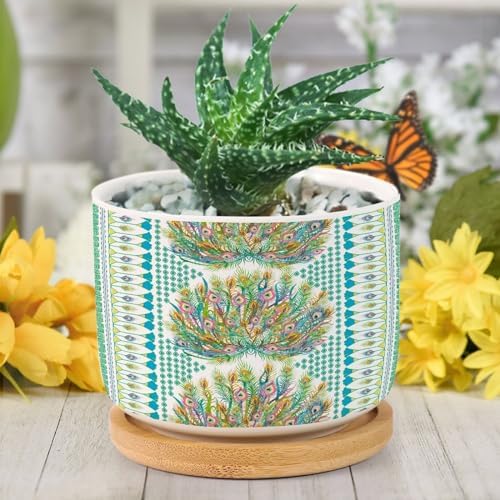 Chinoiserie French Cairo Planters Ceramic Green and Blue Peacock Feathers Round Flower Pots with Drainage Holes and Bamboo Tray Pot for Succulents Cactus Garden Windowsill - Image 6