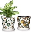 5.5 Inch Decorative Plant Pots, Round Ceramic Planters for Indoor Plants Pots with Drainage Hole Saucers, Lemon Green Leaves Ceramic Flower Pots Retro Planter Pot for Succulents Cactus Outdoor Garden by GnFlus