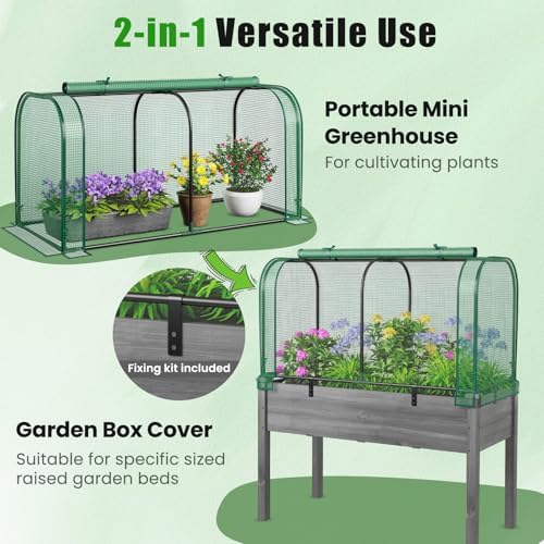 GIANTEX Raised Garden Bed with Cover, Wood Elevated Planter Box with Legs & Mini Greenhouse, Waterproof Sun-Protective PE Green House Cover, Outdoor Use for Fruit Vegetable Flower Herb (Green+Gray) - Image 3