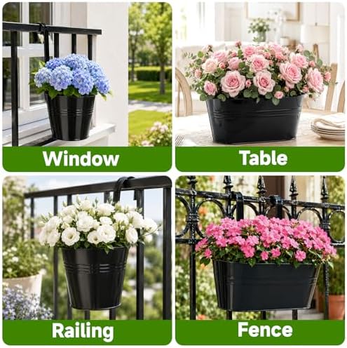 KINGLAKE Flower Pots,10 Pcs Metal Iron Hanging Flower Plant Pot Balcony Garden Plant Planter Baskets Fence Bucket Pots 10.6" & 5.1" Flower Holders with Detachable Hook Black - Image 7