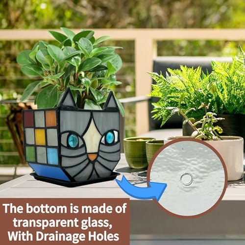 Unique Stained Glass Gray Cat Planter, Plant Pots Indoor,Indoor Flower Pots with Drainage,Window Sill Cat Decoration Gift,4.6x5.15x3IN - Image 5
