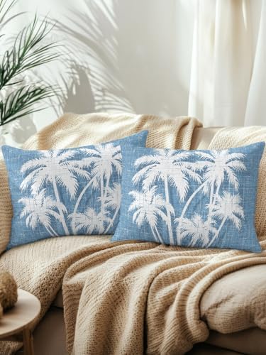 Tropical Palm Tree 12x20 Waterproof Outdoor Lumbar Pillows Set of 2 with Inserts, Vintage Sky Blue Exotic Botanical Plants Patio Decorative Cushion Pillows for Outdoor Sofa Bench Porch Balcony - Image 2