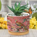 Blush Chinoiserie Bird Planter Ceramic Hydrangea Peacock in Coral Round Flower Pot with Drainage Holes and Bamboo Tray Pot for Home Office Decoration - Image 6