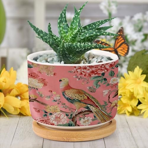 Blush Chinoiserie Bird Planter Ceramic Hydrangea Peacock in Coral Round Flower Pot with Drainage Holes and Bamboo Tray Pot for Home Office Decoration - Image 6