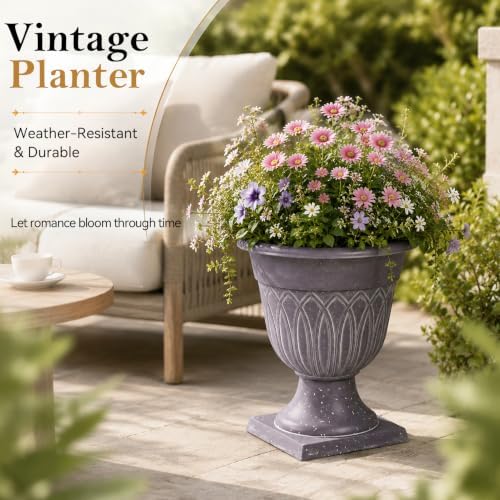 2 Pack 15.3″ Tall Urn Planters for Outdoor Plants, Classic Resin Flower Pots, Large Decorative Vintage Pedestal Planters for Indoor Outdoor, Front Porch, Entryway, Garden, Weddings (Khaki) - Image 4