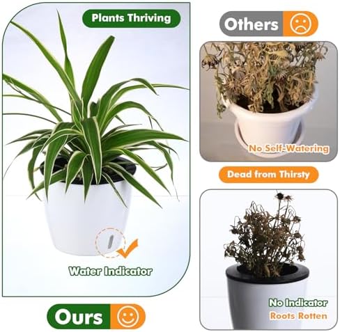 Planterhoma 5 Inch Self Watering Pots for Indoor Plants, 12 Packs African Violet Pots with Indicator, Black Wick Pot with Drainage Holes, Self Watering Planters for Orchid, Devil's Ivy, White - Image 2