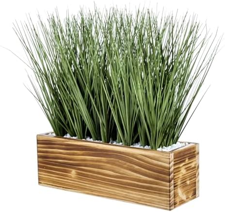 MyGift 12 Inch Artificial Grass Plant, Rustic Burnt Wood Planter Box by MyGiftHome