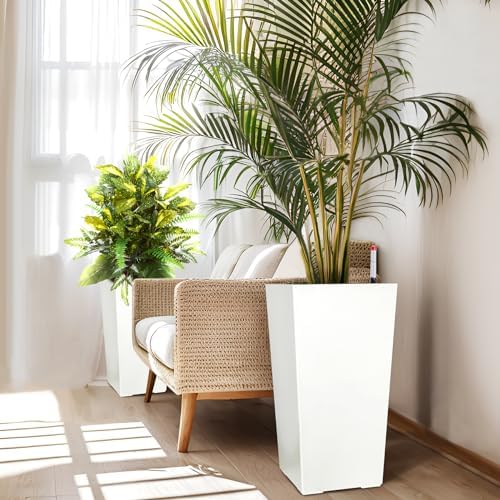 Tall Planters Set of 2, 22.5 Inch Self-Watering Outdoor Indoor Plant Pot with Water Level Monitor & Drainage Holes, Large Modern Flower Pot with Inner Bucket, Trays & Wheels – White - Image 2