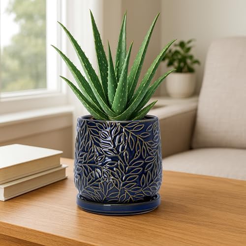 D'vine Dev 2-Pack Embossed Leaves Planter, 5 in, Midnight Blue, 27-F-V-3 - Image 2