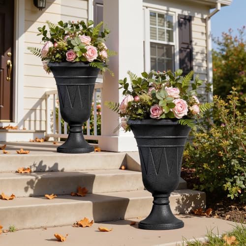 Tall Plastic Urn Planters for Outdoor Plants Set of 2-23.6" H Classic Trophy Design Indoor Large Flower Pots with Drainage Holes, Outdoor Planters for Porch Decor/Garden Vase, Black by Diyfire