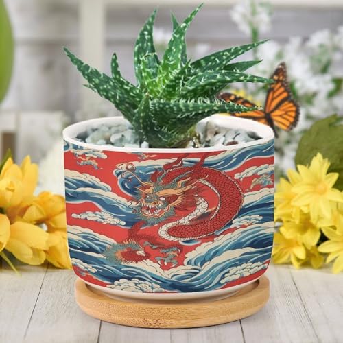 Dragon Chinoiserie Planters Ceramic Asian Inspired Round Flower Pots with Drainage Holes and Bamboo Tray Pot for Home Desktop Office Windowsill - Image 6