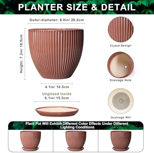 8 Inch Ceramic Flower Pots, Plant Pots Indoor with Drainage Hole and Saucer, Round Flower Pot for Indoor Plants, Decorative Modern Planter, Garden House Decor, Gardening Gifts, Rust Red - Image 2