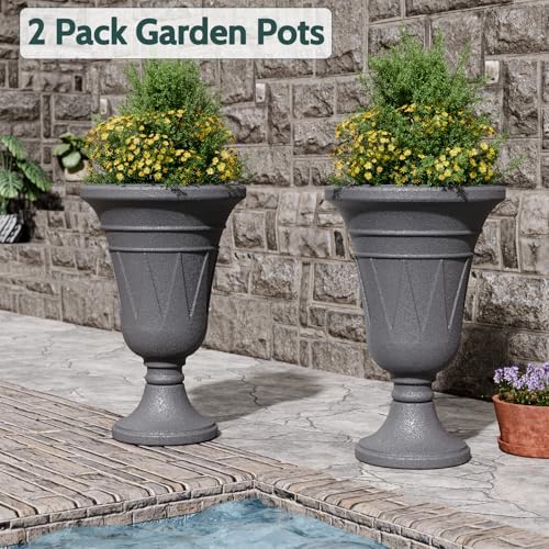 Tall Plastic Urn Planters and Pedestal - 24" Outdoor Planter Grey - Image 4
