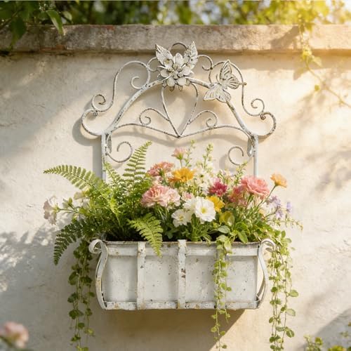 Rustic Metal Wall Planter Vintage Wall Mounted Flower Pot Farmhouse Distressed Wall Hanging Plant Basket with Floral & Butterfly Decor for Indoor Outdoor Garden Home Yard (White#2) by Unknown