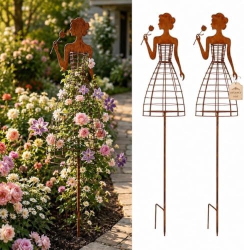 Vintage Lady Garden Trellis Stake, Distressed Rose Dress Plant Climbing by Unknown