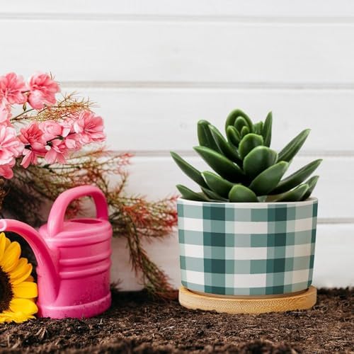 Sage Green Buffalo Plaid Planter Ceramic Green Buffalo Check Round Flower Pot with Drainage Holes and Bamboo Tray Pot for Home Office Desk Garden - Image 5