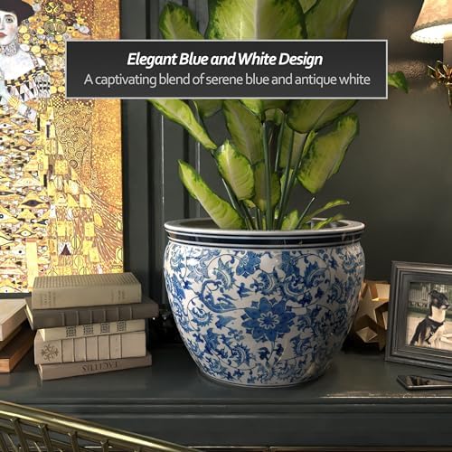 Red Lantern Large 18" Porcelain Fishbowl Blue & White Floral Planter or Cachepot for Indoor/Outdoor Use in Garden Entryway Living Room Boho Eclectic Modern Contemporary Classic Traditional Style Decor - Image 5