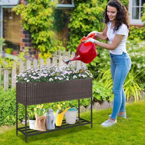 GIANTEX Raised Garden Bed with Legs, 40" x 12" Rattan Elevated Planter Box w/Storage Shelf, Removable Liner, Drainage Gaps for Vegetables, Flowers & Herbs, Outdoor Planting Stand for Backyard Patio - Image 3