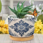 Navy Blue Damask Planter Ceramic Bohemian Diamond Shape Flower Round Flower Pot with Drainage Holes and Bamboo Tray Pot for Home Office Desk Garden - Image 6