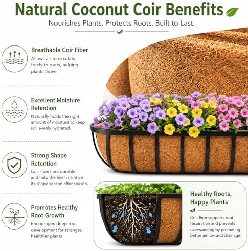 30 Inch Window Deck with Coco Liner, 30" Window Boxes Horse Trough with Coconut Coir Liner, Fence Metal Hanging Flower Planter Window Basket Deck Railing Planter Boxes for Outdoor Garden Lawn, 4pcs - Image 4