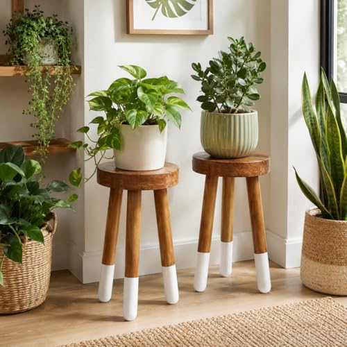 Teak 11.8" Round Dip Dyed Teak Stool | Wood Accent Side Table | Wood Plant Stand (20" Tall White) - Image 5