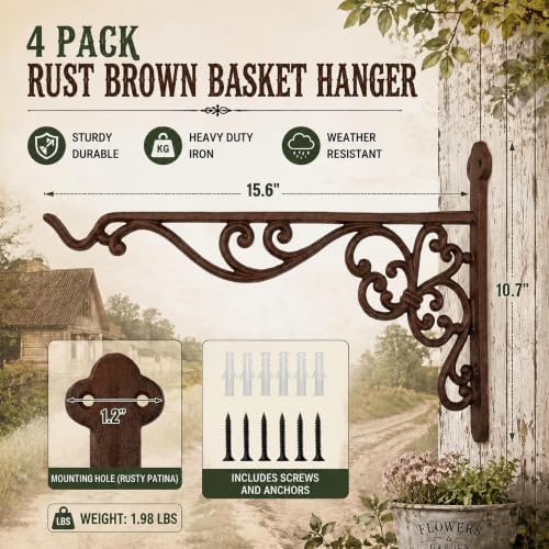 Landhoow 4 Pcs 15.6" Cast Iron Hanging Outdoor Wall Hanger, Rust Brown - Image 3