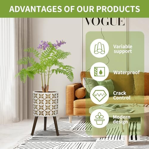 nacltlo12 Inch Planter with Stand, Plant Stand Indoor, Plant pots, Modern Mid-Century,Large Flower Planter Pot with Drainage Holes for Outdoor,White and xGold - Image 3