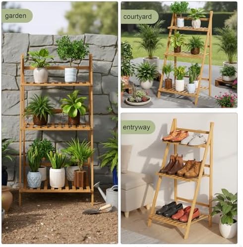 Bamboo Ladder Plant Shelf, 3 Tier Foldable Flower Pot Display Rack, Indoor Outdoor Balcony Decor, Freestanding Plant Organizer for Home Patio Lawn Garden Wooden - Image 6
