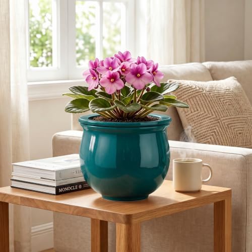 8 Inch Ceramic Self-Watering Flower Pots, Blackish Green - Image 3