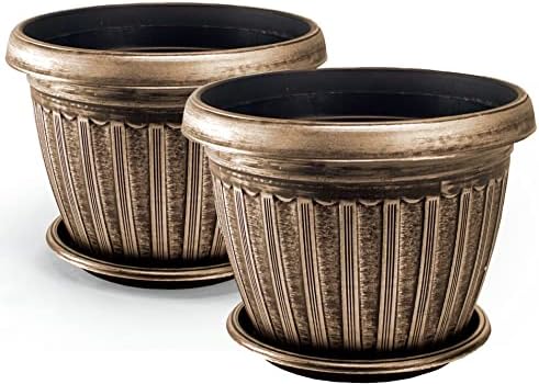 Rustic Flowerpot 12" Planter, Set of 2 Pots and 2 Saucers (4 Pieces) for Garden Patio Office Ornaments Home Décor Long Lasting Reusable Light Weight (Gold-L) by Unknown