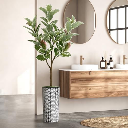 Artificial Tree in Black and White Geometric Planter, Fake Rubber Silk Tree for Indoor and Outdoor Home Decoration - 70" Overall Tall (Plant Pot Plus Tree) - Image 6