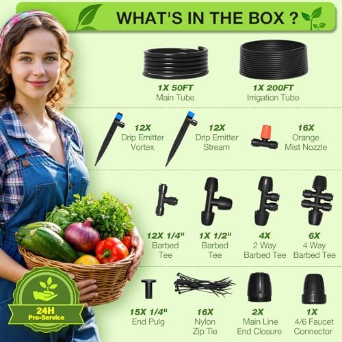 MIXC 250FT Drip Irrigation System Kit, Quick-Connect Garden Misting Watering System with 1/2” 1/4” Tubing Adjustable Nozzles Sprinklers for Indoor Outdoor Garden Potted Plant Lawn Greenhouse - Image 7