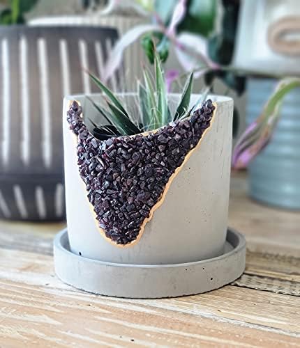 4 Inch Crystal Plant Pot with Saucer - Cement Geode Planter - Concrete Pots for Plants - Modern Succulent Pot Indoor - Unique Air Plant Holder - Candle Holder - Small Plant Home Decor (Red Garnet) - Image 6
