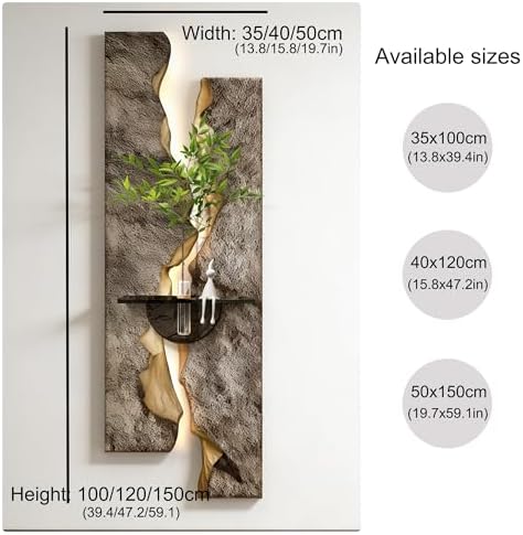 3D Textured Sandstone Wall Art with LED Light and Hydroponic Vase, Modern Framed Abstract Sculpture Wall Decor for Living Room Bedroom for Apartment Office Entryway(Brown-B,40x120cm (15.8x47.2in)) - Image 3