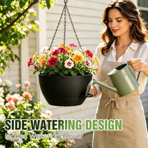 12 Inch Large Self Watering Hanging Planters 2 Pack with Saucers - Image 5