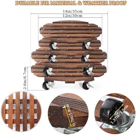 4 Pack Plant Caddy with 5 Wheels, Wood Rolling Plant Stand 220 LB Heavy Duty, Plant Dolly with Metal 360° Lockable Caster Wheels for Outdoor Indoor Large Plant Pots, Flower Pot, Patio (14"+14"+12"+12") - Image 4