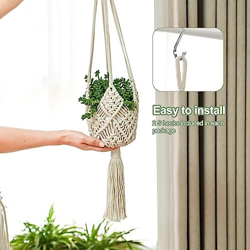 Hanging Planter with Patterns,4Packs Macrame Plant Hangers Indoor Macrame for up to 8 inch Pot Crochet Boho Plant Hanger Holder for Indoor Outdoor with 4 Stainless Steel Hooks (4Pcs White Colors) - Image 7