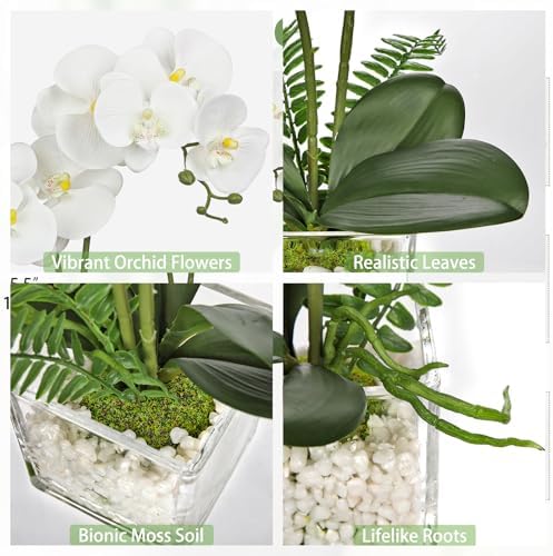 White Orchids Artificial Flowers 16.1" Faux Orchids Plant in Pot Fake Flower Arrangements with Glass Vases Small White Centerpieces for Kitchen Dining Room Tables Bathroom Nightstand Shelf Desk Decor - Image 3